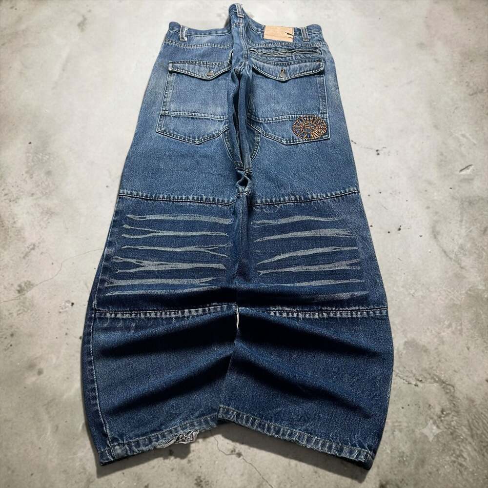 Vintage Y2K Red Ape Baggy Jeans, Dark Blue, Wide Leg, Embroidered, Grunge Style
